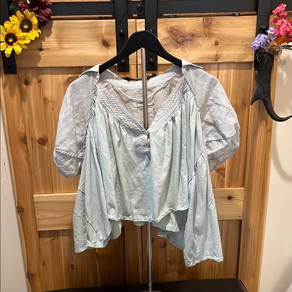 We The Free Tops - We The Free Seafoam Blue Puff Sleeve Blouse with High/Low